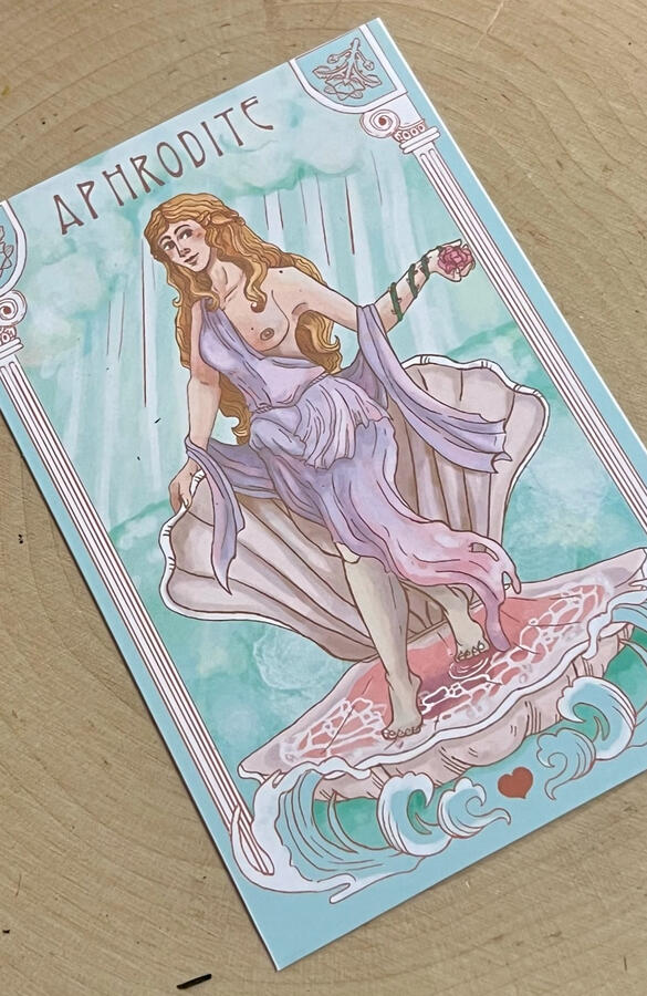original art Aphrodite Prayer card featuring the goddess standing in a scallop shell with waves